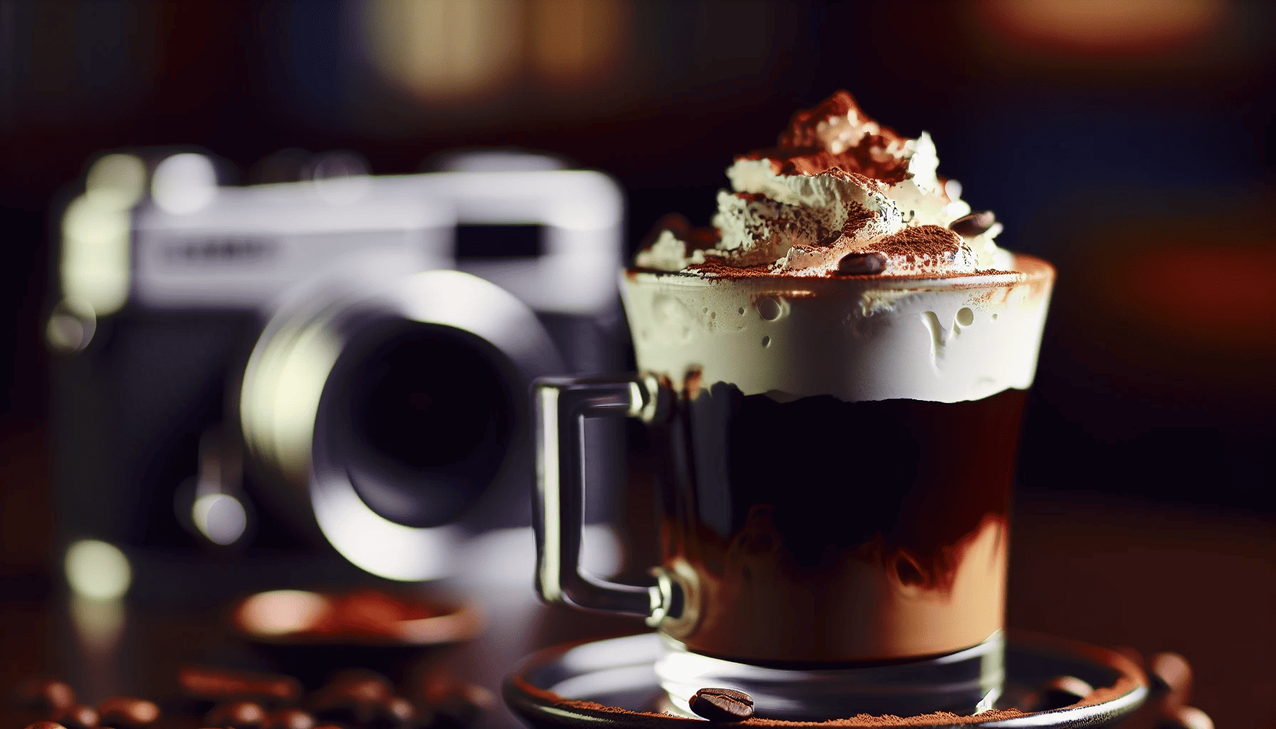 Irish coffee with whipped cream and coffee beans
