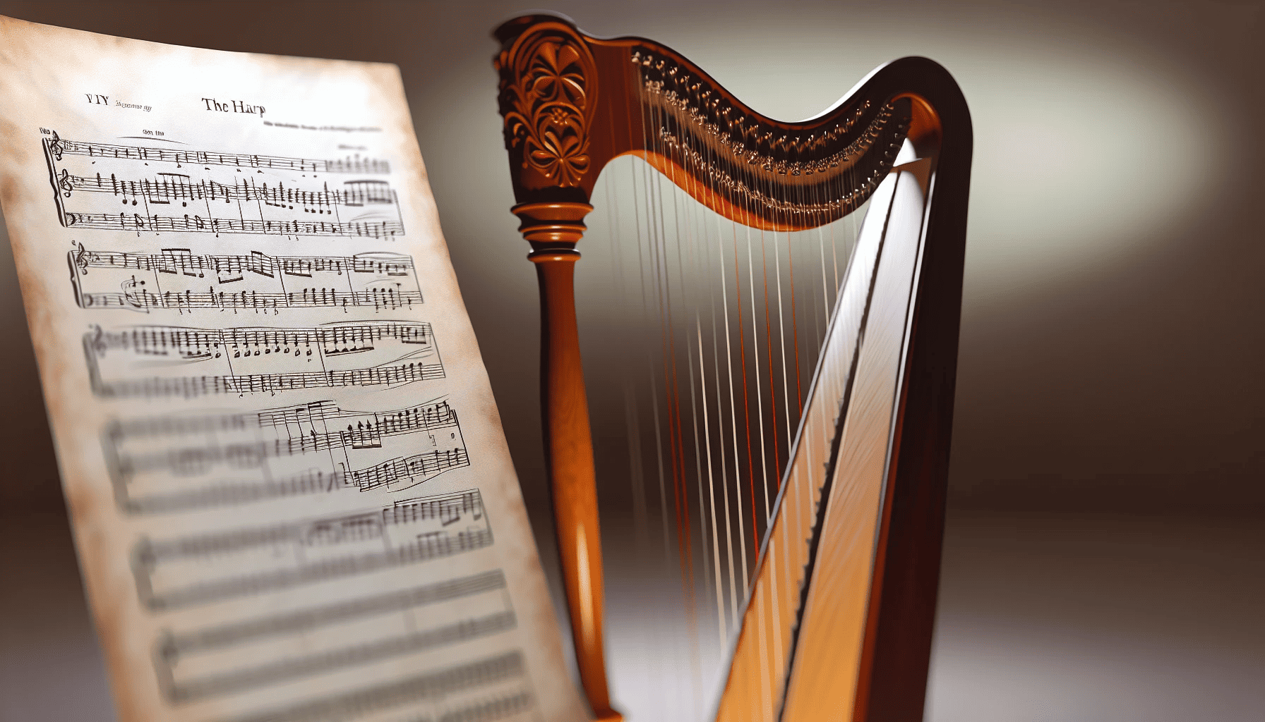 Sheet music and a traditional Irish harp