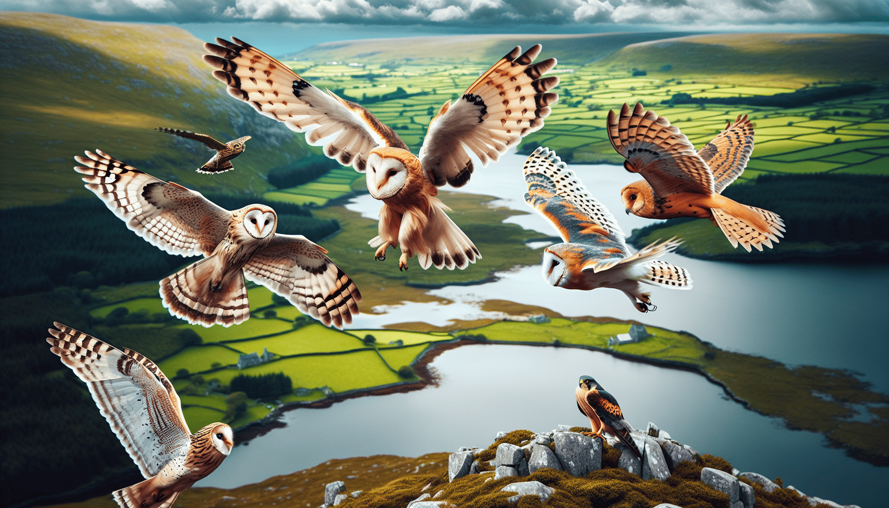 Various bird species of prey in flight over the Irish landscape