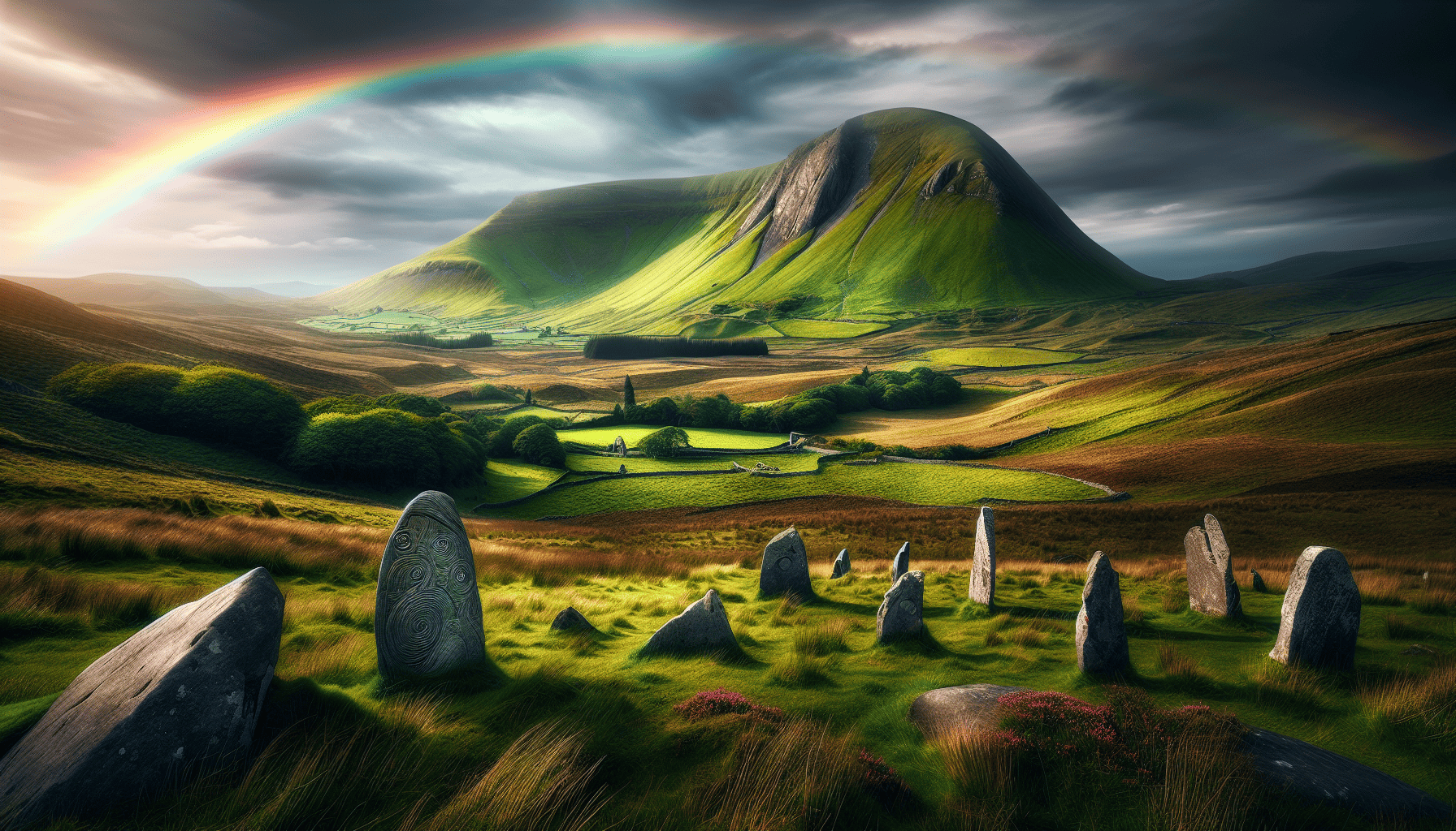 A mythical and picturesque Irish mountain landscape with cultural connections and historical significance