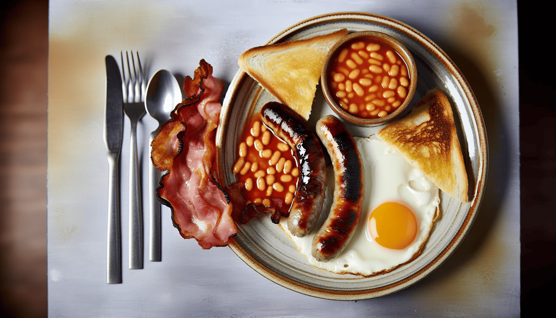 A full Irish breakfast with bacon, sausages, eggs, and baked beans