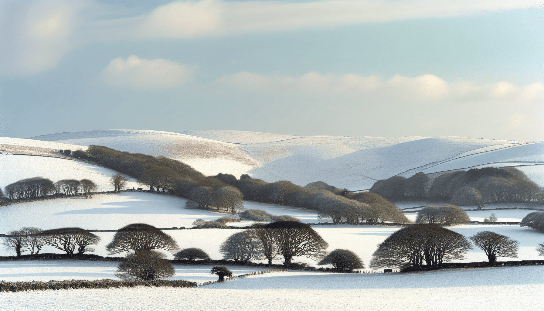 Snow-covered landscape in Ireland during winter