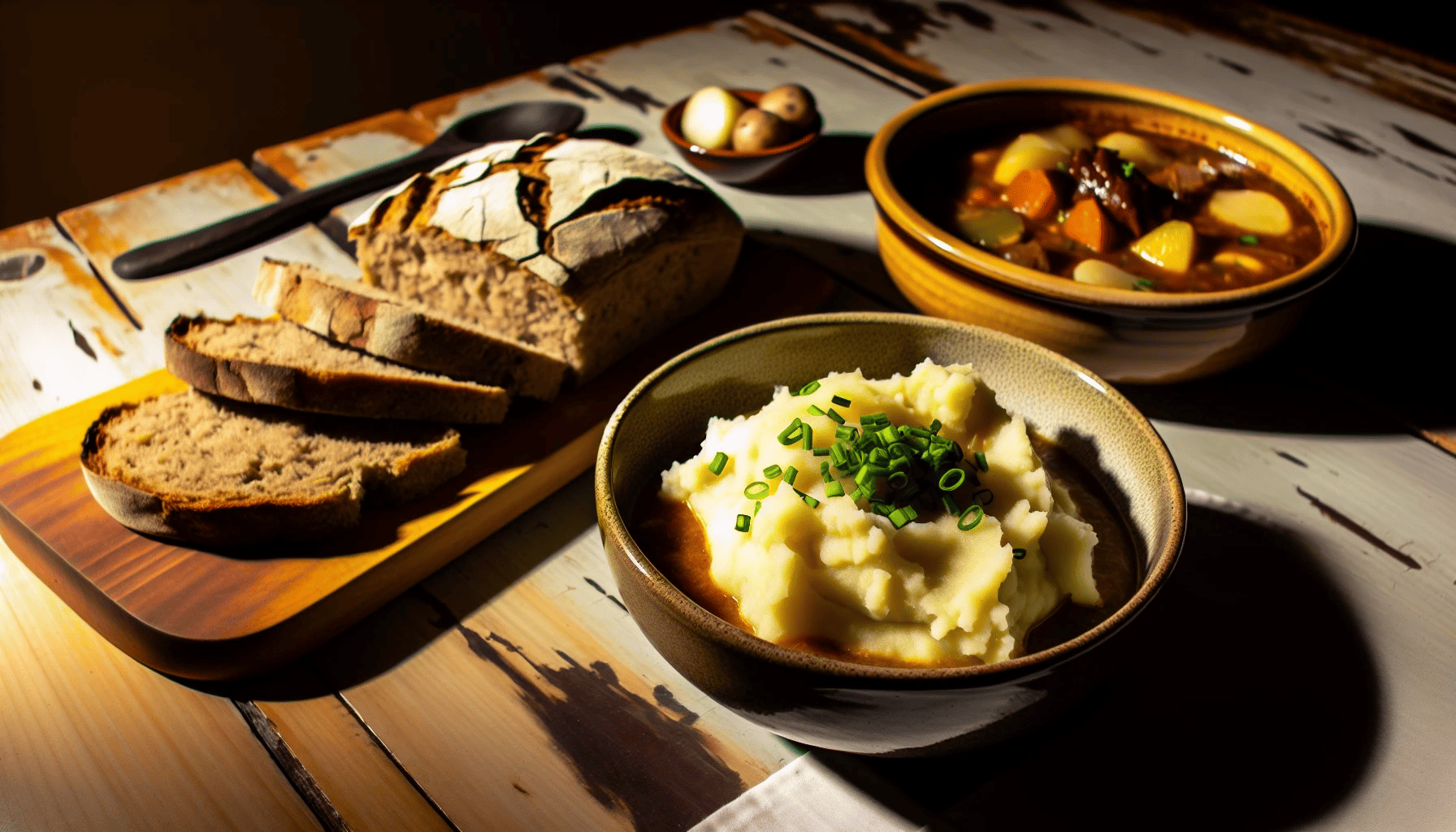 A spread of traditional Irish foods including soda bread, mashed potatoes, and Irish stew
