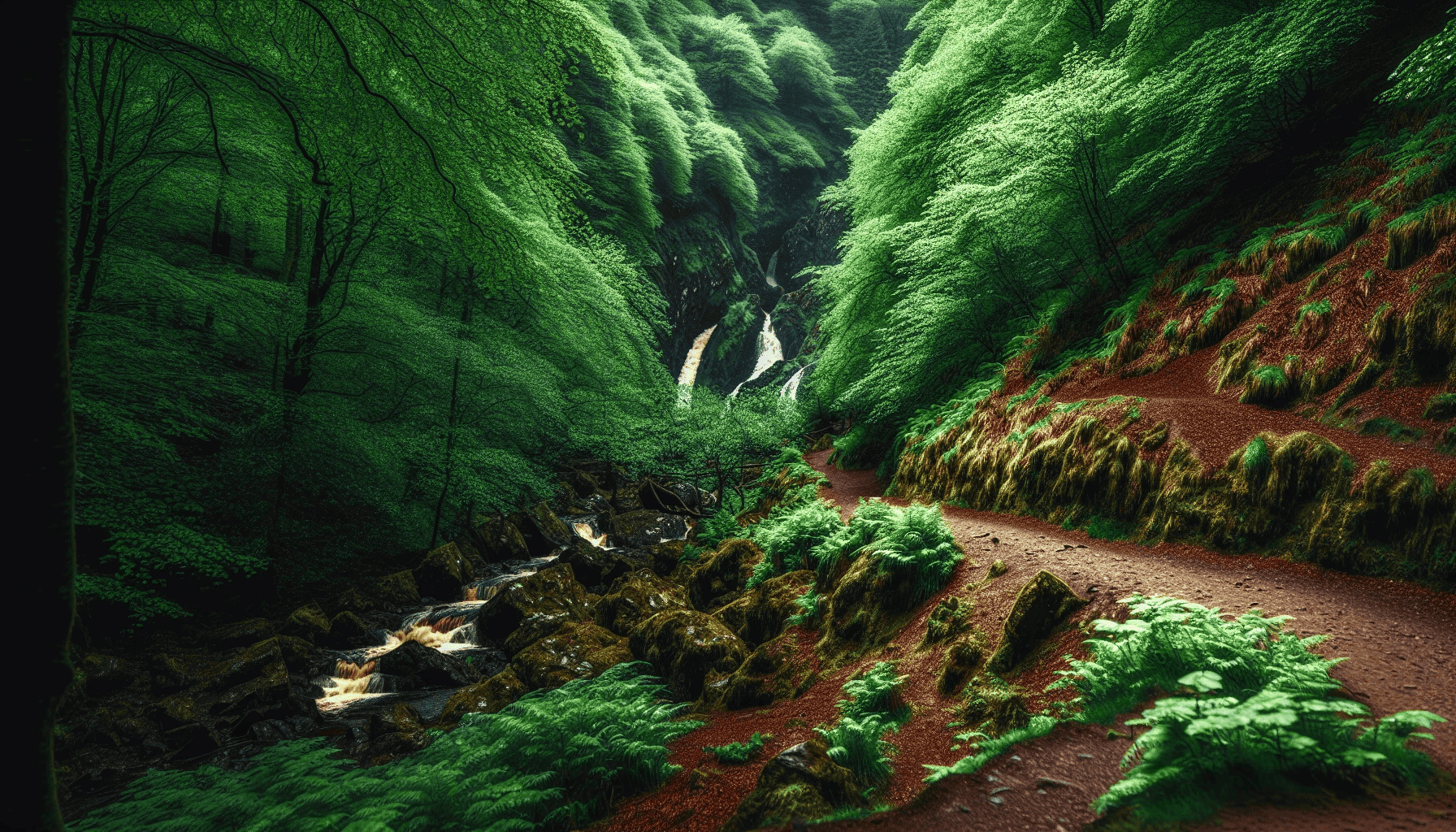 View of the hiking trails in Glenariff Forest Park with lush greenery and waterfalls