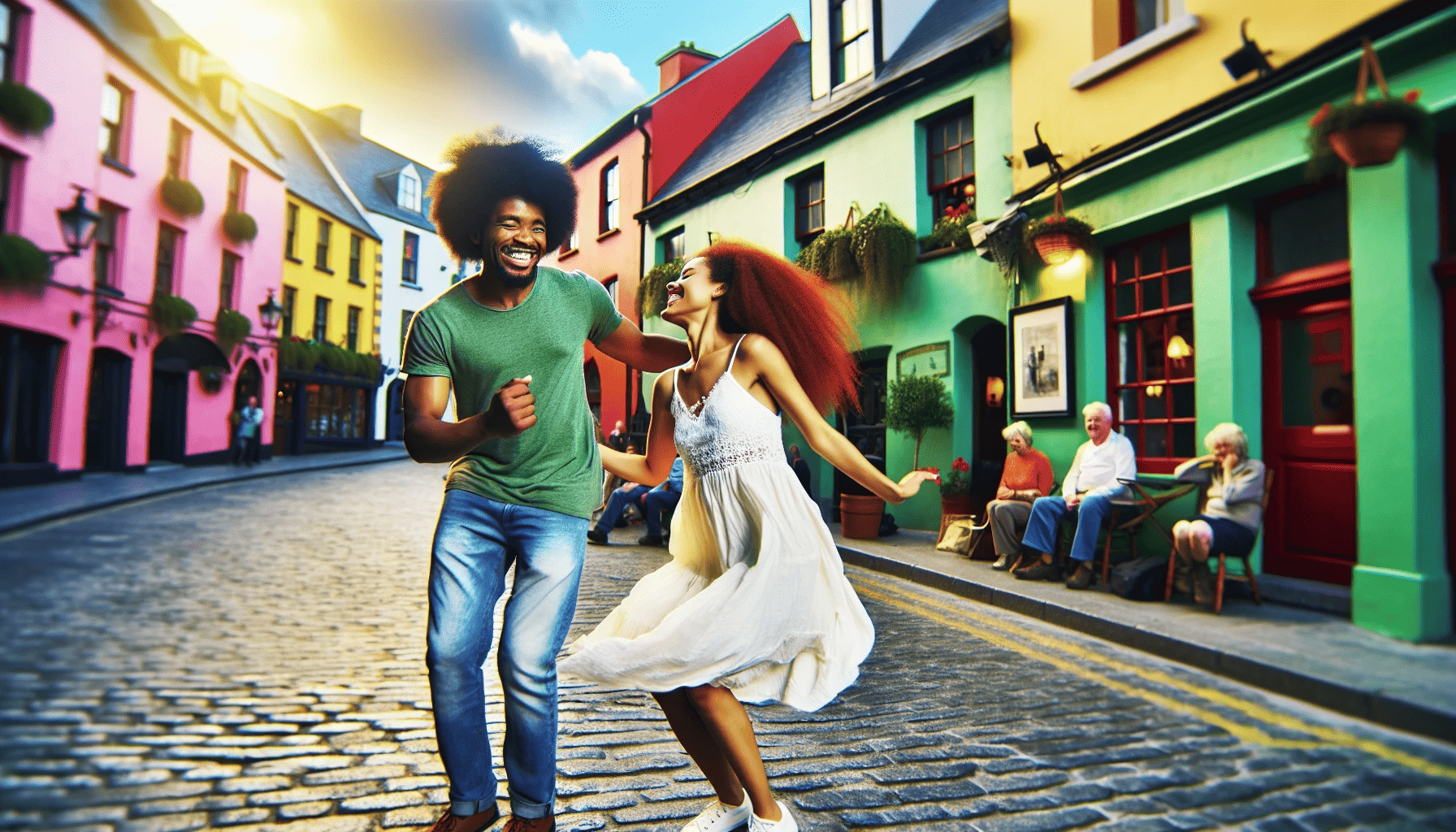 A couple dancing joyfully to Irish music in Galway