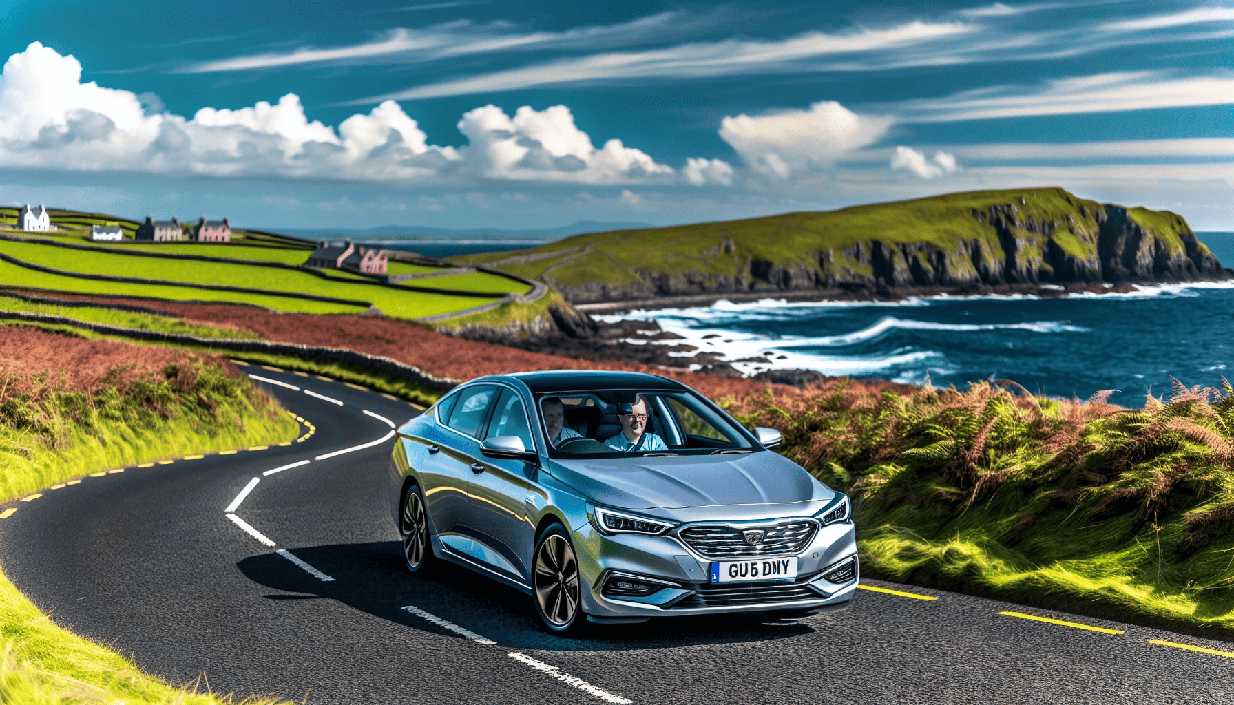 Car driving on a scenic coastal road in Northern Ireland