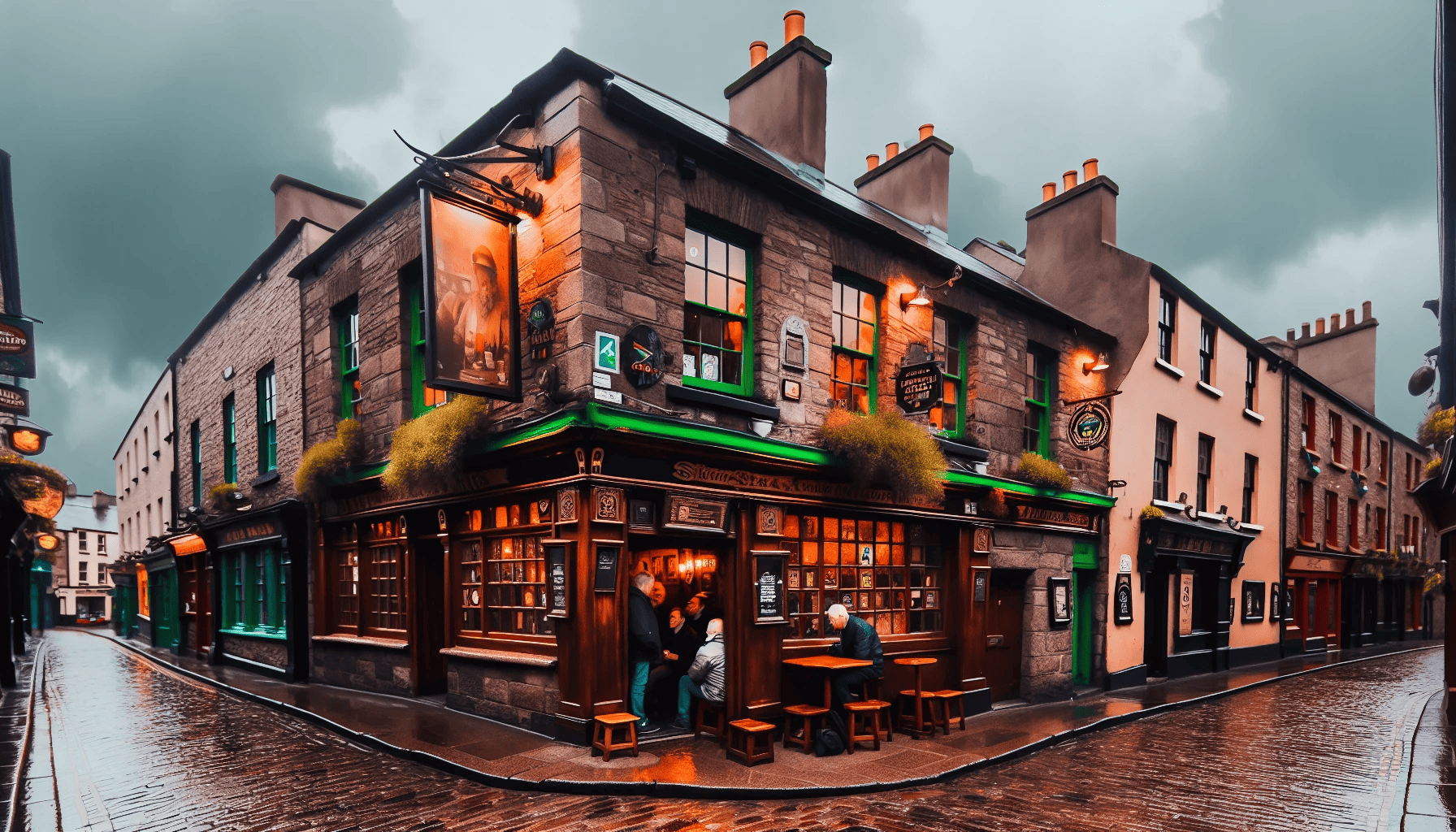 A cozy scene of a traditional Irish pub on a rainy day