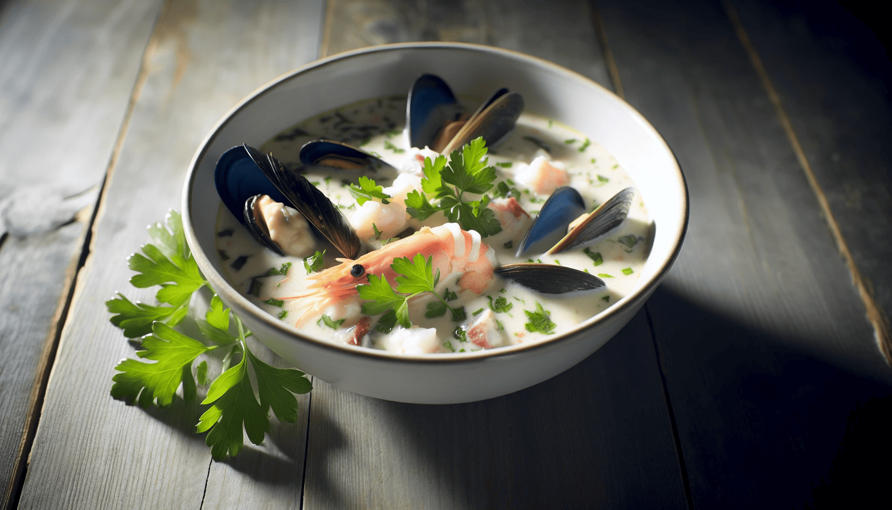 A bowl of creamy seafood chowder with chunks of fresh fish and seafood