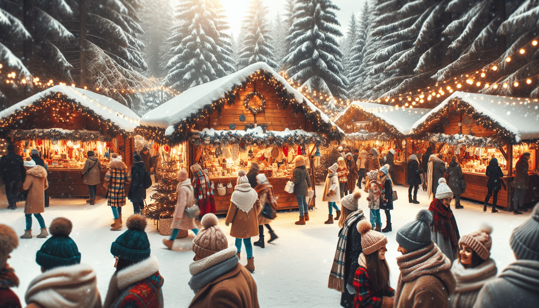A festive Christmas market with colorful stalls and decorations