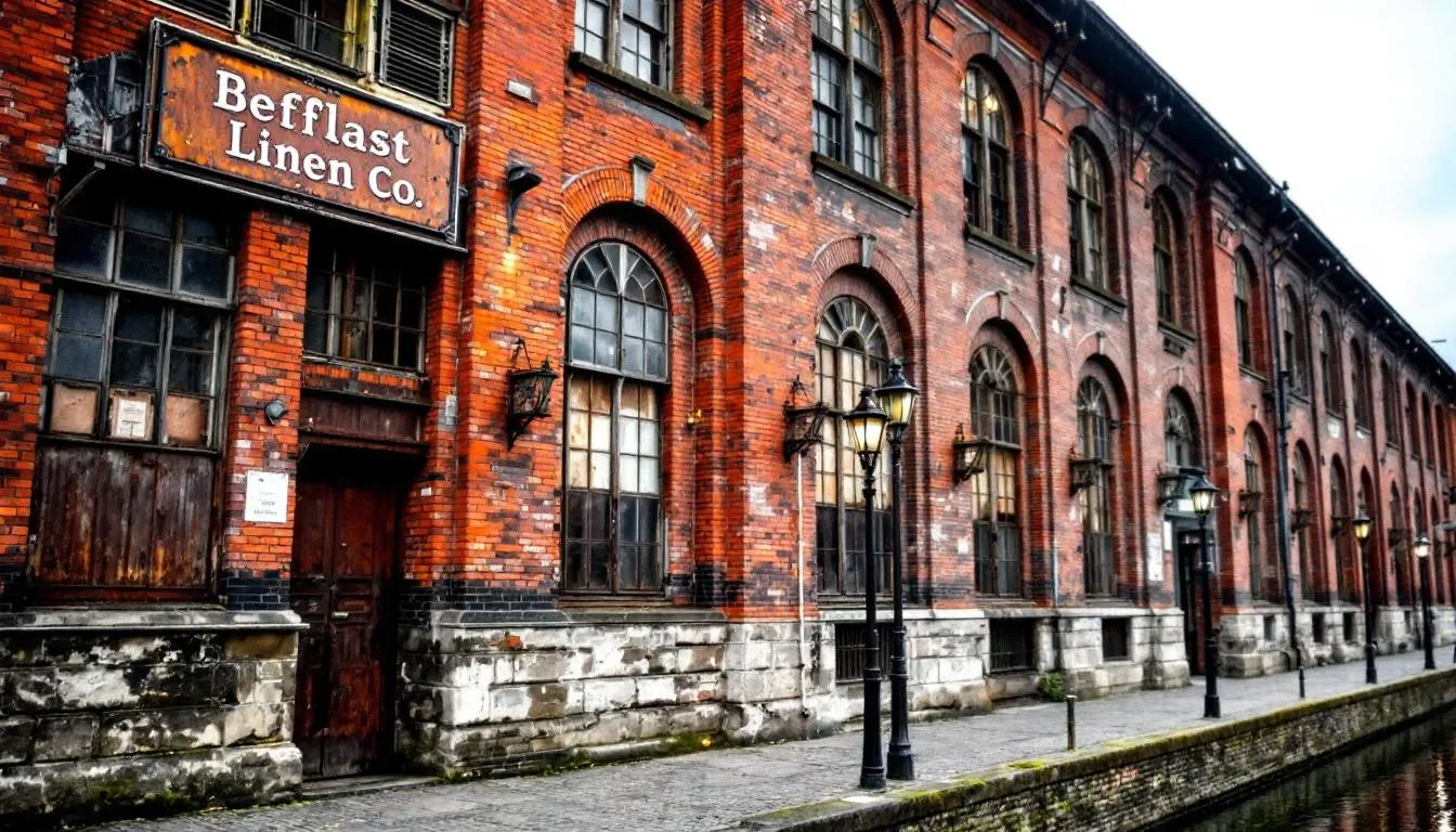 The image showcases a row of historic Victorian-era warehouse buildings in Belfast's Cathedral Quarter, once used for storing linen goods. These charming structures, characterized by their brick facades and cobblestone streets, reflect the rich industrial history of Northern Ireland and are now surrounded by vibrant street art and lively cultural venues.