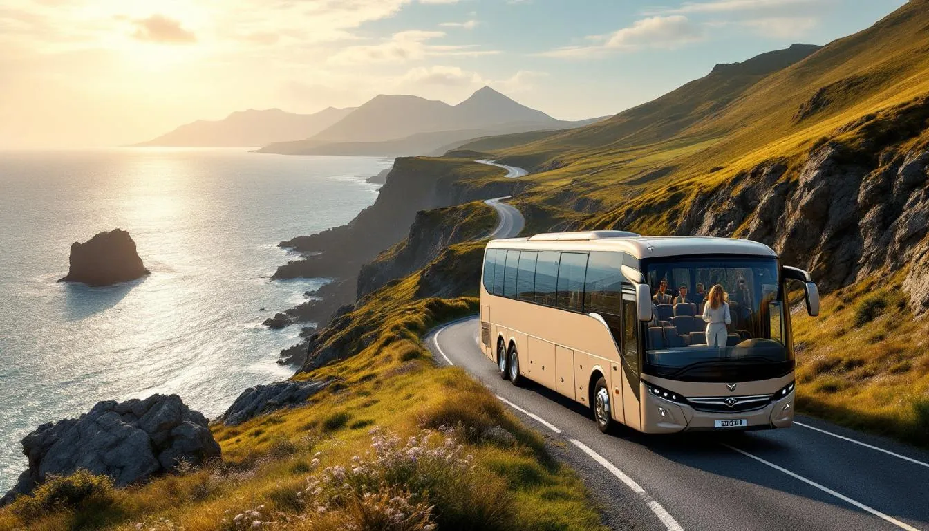 A comfortable tour bus travels along the scenic Antrim Coast Road, offering stunning ocean views and glimpses of Northern Ireland's rugged cliffs. This journey is part of a Giant's Causeway tour, showcasing the area's rich history and natural beauty.