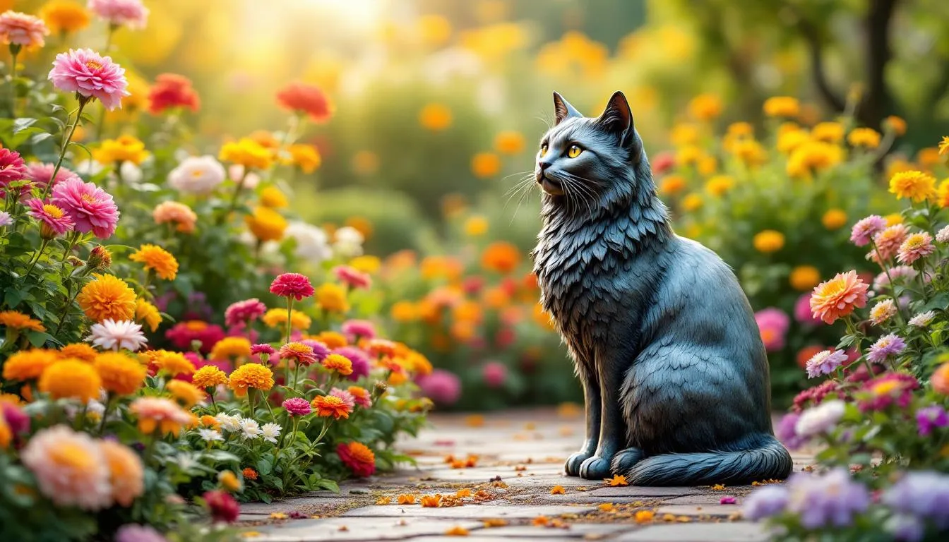 A whimsical cat sculpture is nestled within beautifully landscaped gardens adorned with colorful flowers, creating a vibrant scene at the Belfast Castle estate. This charming display is surrounded by mature mixed woodland, offering a serene escape in Northern Ireland's scenic Cave Hill Country Park.
