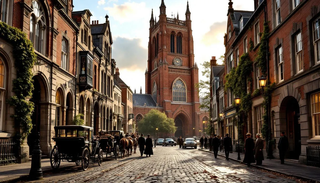 The image depicts the historic cobblestone streets of Belfast's Cathedral Quarter, showcasing traditional architecture alongside vibrant street art. This cultural hub features notable landmarks such as St. Anne's Cathedral and the lively atmosphere of local pubs and restaurants.
