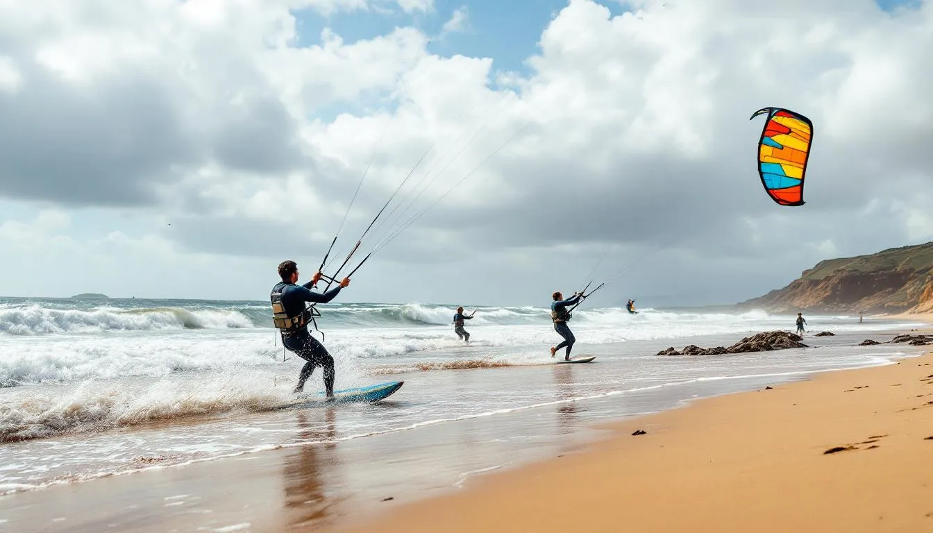 Kite surfers are skillfully maneuvering across the waves at Murlough Beach, which is framed by the stunning sand dunes and the backdrop of the Mourne Mountains. This golden sand beach, located within the Murlough National Nature Reserve, offers a spectacular setting for both water sports and nature enthusiasts.