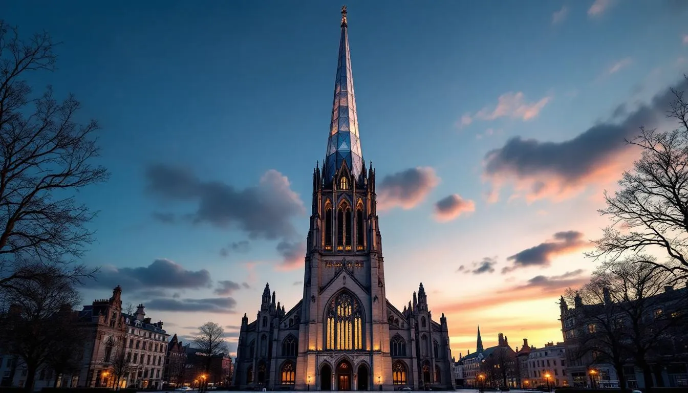 The image showcases St Anne's Cathedral, a historic building in Belfast's Cathedral Quarter, featuring its distinctive steel spire towering against the backdrop of a vibrant sky. Surrounding the cathedral are cobbled streets adorned with colorful street art, reflecting the lively atmosphere of this cultural hub in Northern Ireland.