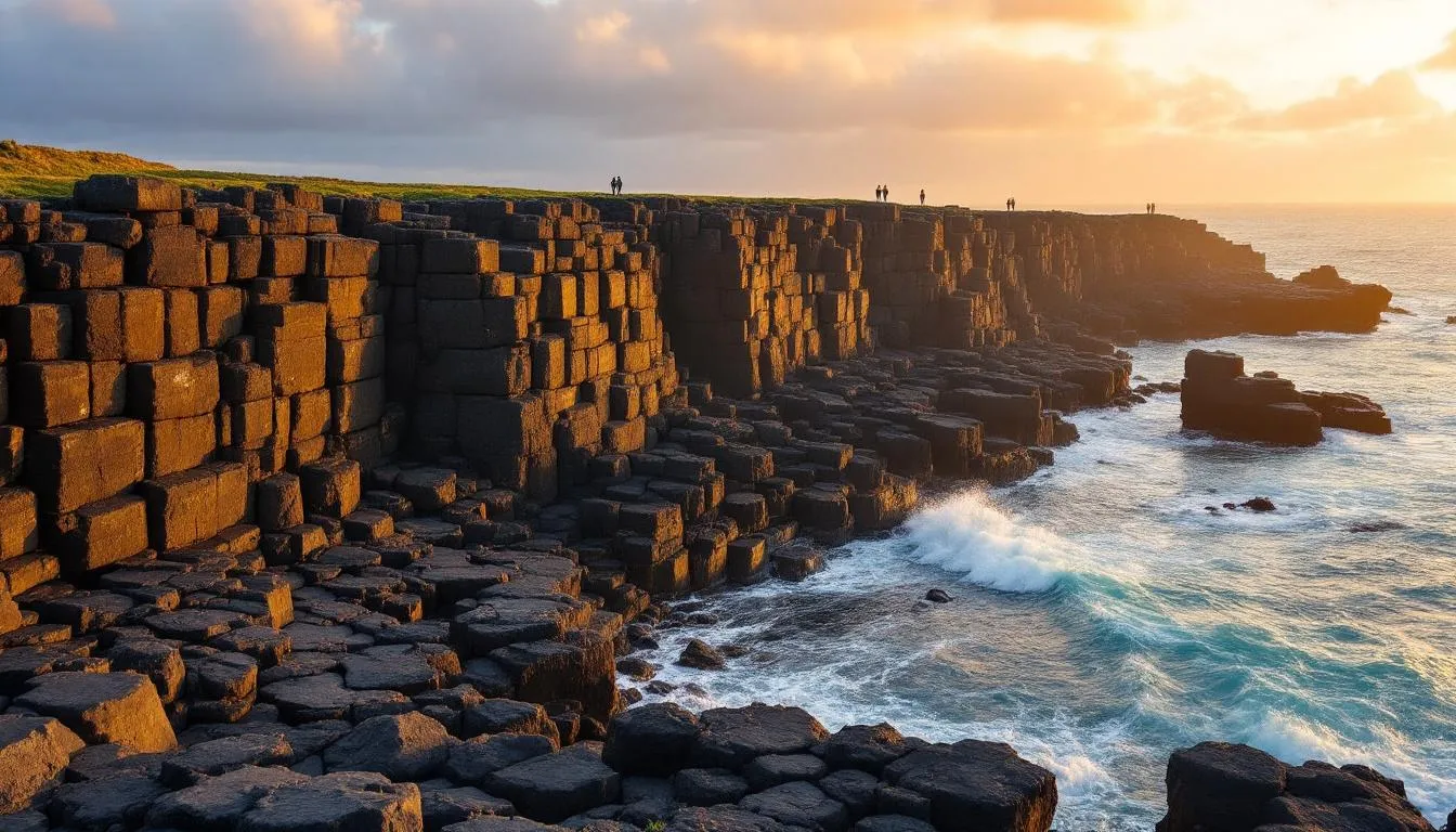A stunning view of the Giant's Causeway in Northern Ireland showcases its unique hexagonal basalt columns stretching into the Atlantic Ocean, while tourists explore this UNESCO World Heritage Site, surrounded by rugged cliffs and breathtaking coastal scenery. This popular tourist attraction is part of many causeway tours from Belfast, offering visitors a fascinating glimpse into the area's rich history and natural beauty.