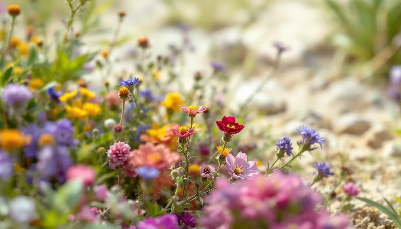 A close-up view of vibrant wildflowers blooming within the ancient dune heath system of Murlough National Nature Reserve, showcasing the rich biodiversity and colorful flora that thrive in this spectacular location overlooking Dundrum Bay and the Mourne Mountains.