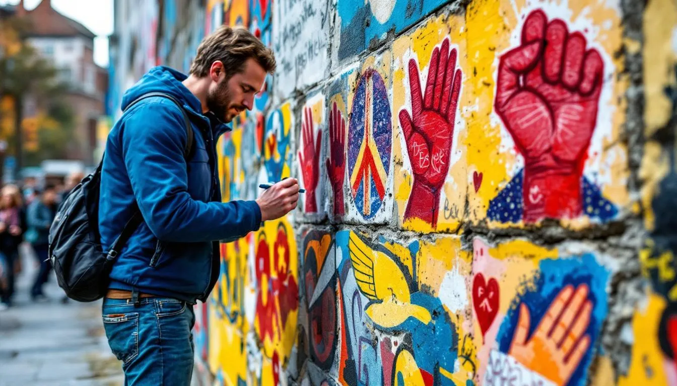 A tourist is seen signing messages of peace on a Belfast peace wall adorned with vibrant graffiti and political murals, symbolizing hope and reconciliation amidst the historical backdrop of Northern Ireland's conflict. The wall, part of Belfast's peace walls, serves as a canvas for community expressions and a reminder of the ongoing journey towards peace.