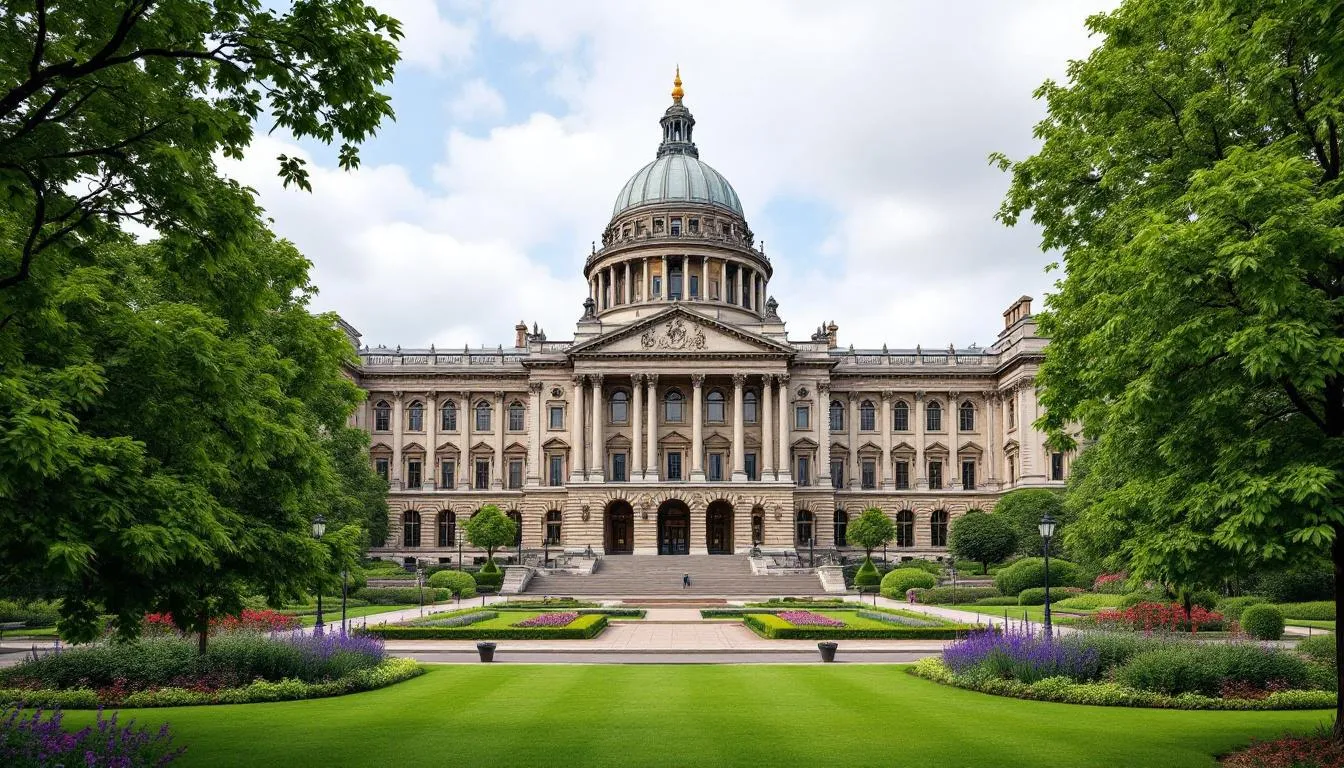 The image features Belfast City Hall, showcasing its distinctive dome and elegant Victorian architecture, surrounded by lush green lawns and vibrant gardens. This iconic building is a key highlight on the Belfast city sightseeing tour, representing the city's rich history and cultural significance.