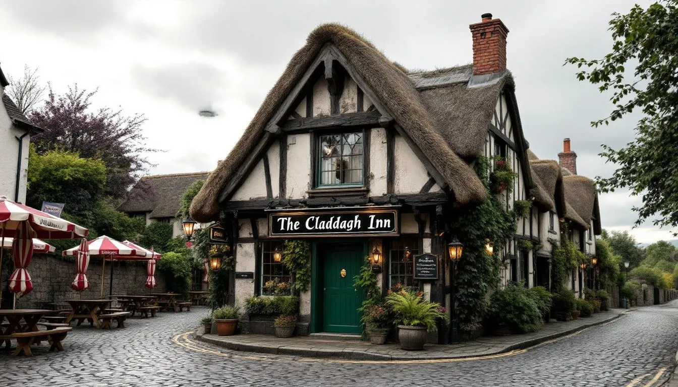 The image shows the exterior of a traditional Irish pub located on a cobblestone street in Belfast's Cathedral Quarter, featuring outdoor seating and surrounded by historic buildings. The lively atmosphere is enhanced by colorful street art, making it a vibrant spot in this cultural hub of Northern Ireland.