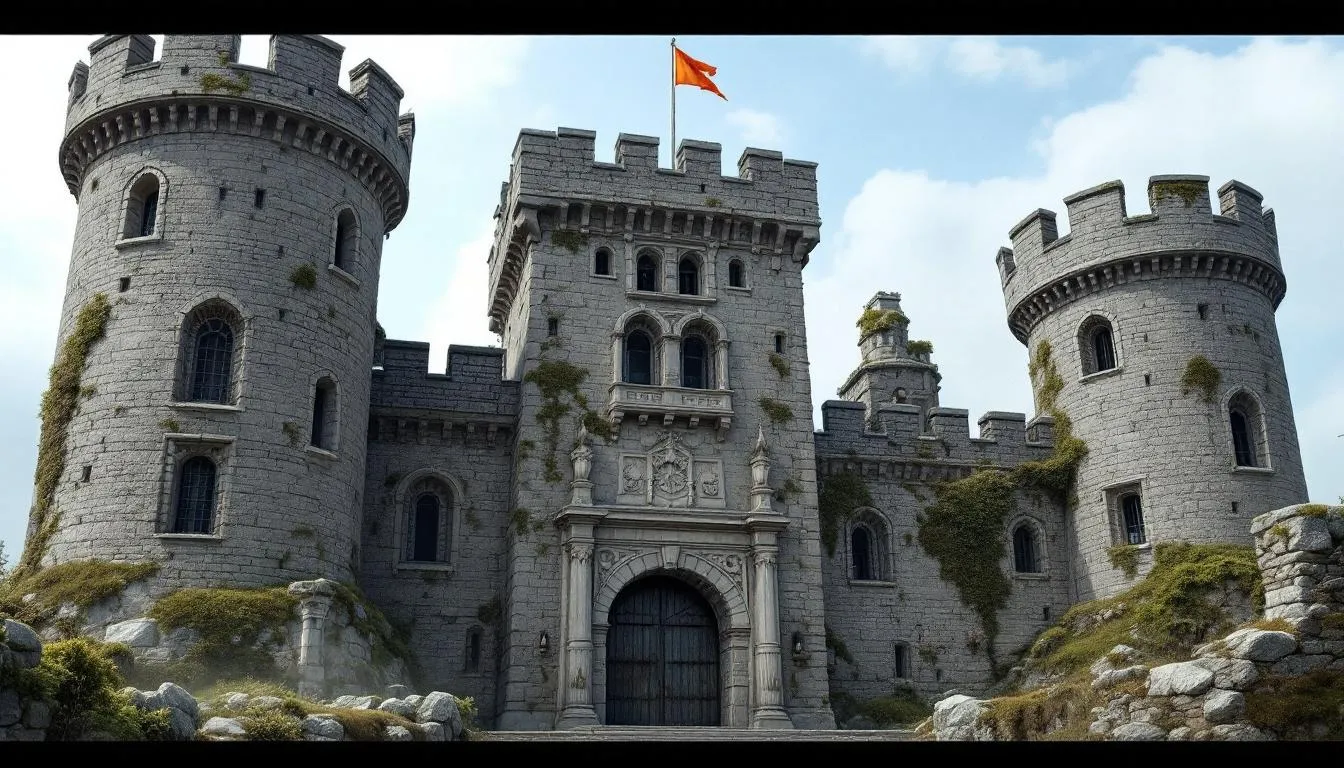 The image depicts an ancient stone castle nestled in the heart of lush green countryside, surrounded by rolling hills that evoke the breathtaking filming locations from HBO's Game of Thrones. This enchanting scene captures the charm of Northern Ireland, inviting visitors to explore its stunning landscapes and historical significance.