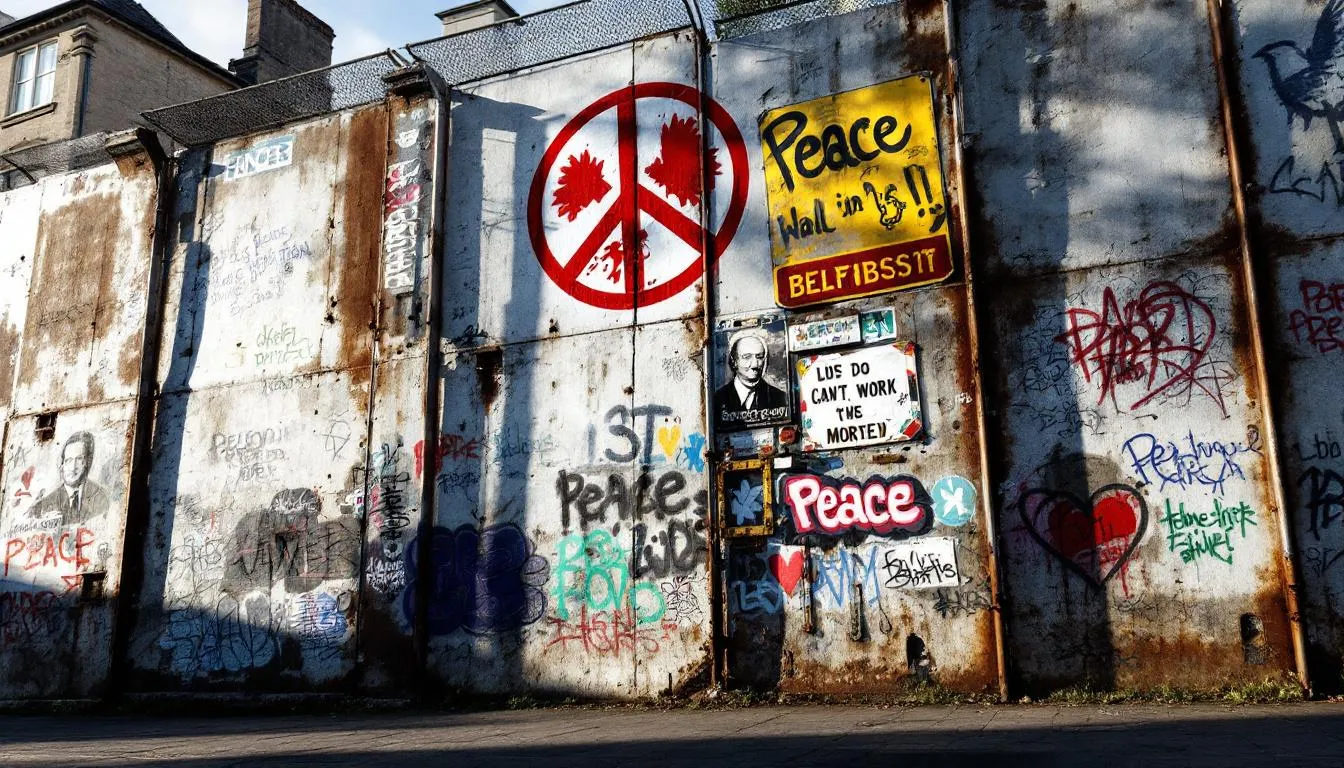 The image depicts a peace wall barrier in Belfast, characterized by a sturdy concrete and metal fencing structure adorned with vibrant graffiti. This peace wall, part of Belfast's intricate network of separation barriers, serves as a poignant reminder of the city's complex history and ongoing efforts towards reconciliation.