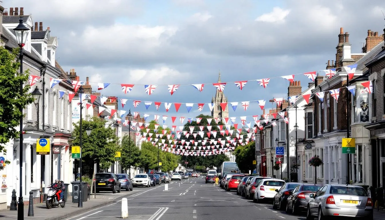 A street view of Shankill Road in west Belfast, adorned with Union Jack flags and red-white-blue bunting, reflects the predominantly Protestant identity of the area. The decorations line the main road, showcasing the community's vibrant spirit amidst its rich history.