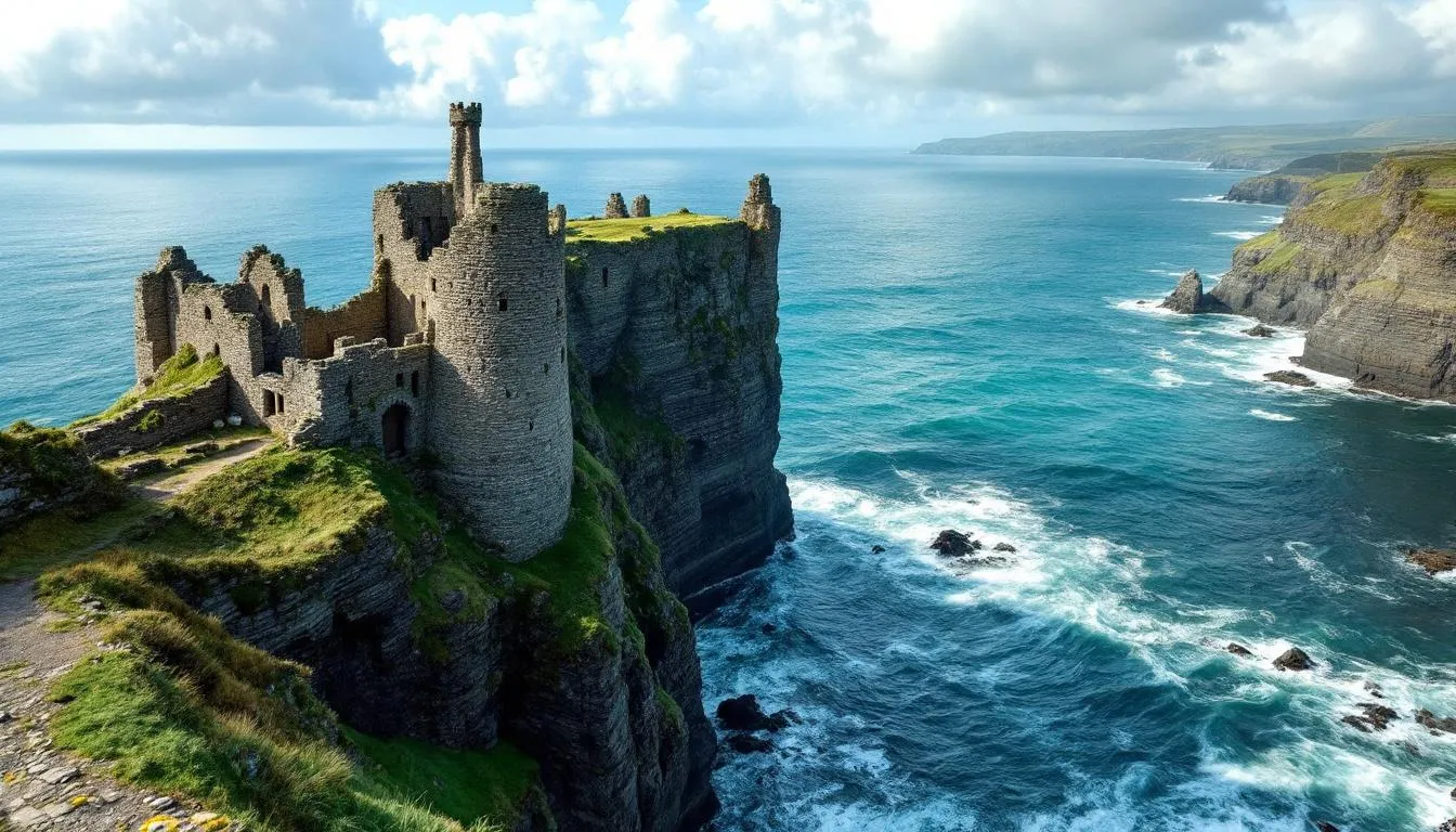 The image depicts the dramatic ruins of Dunluce Castle, situated atop rugged cliffs overlooking the turbulent Atlantic Ocean under stormy skies, showcasing the rich history of Northern Ireland's coastal landscape. This popular tourist attraction is often included in tours from Belfast, offering stunning coastal views and a glimpse into the area's fascinating past.