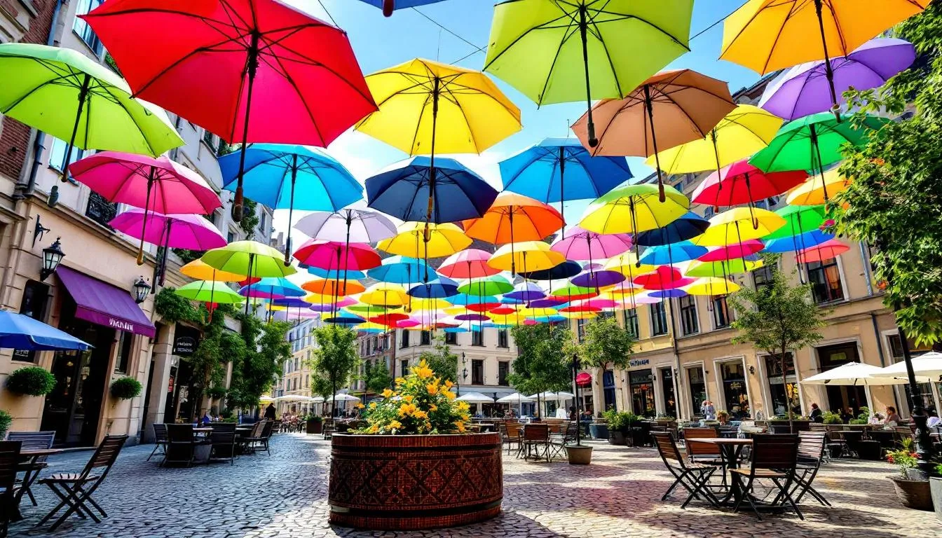 A vibrant installation of colorful umbrellas hangs above the cobblestone streets of Belfast's Cathedral Quarter, creating a lively atmosphere for outdoor seating at nearby cafes and bars. This artistic display adds a playful touch to the historic surroundings, inviting visitors to enjoy the cultural hub of the area.