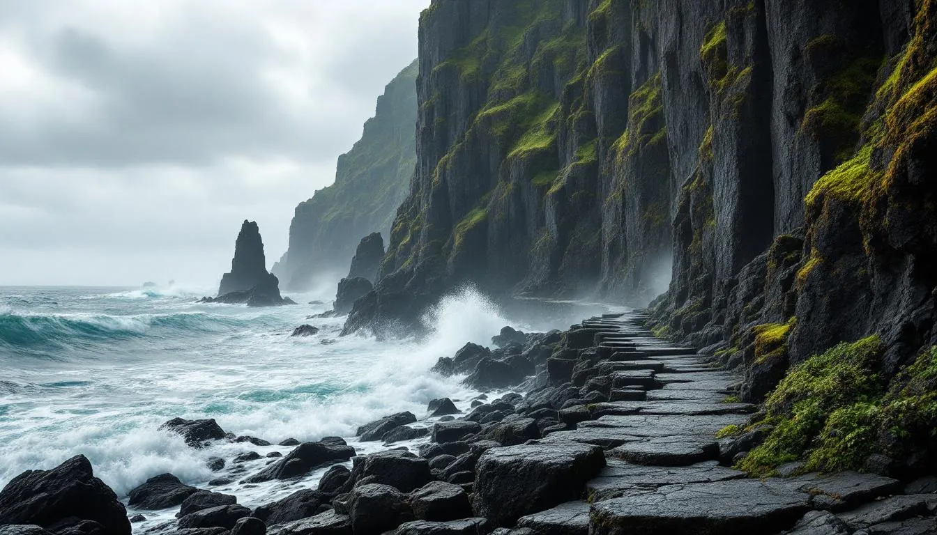 The image depicts dramatic hexagonal basalt columns that form natural steps leading down to the ocean, where waves crash against the rocks. This breathtaking scene is reminiscent of the stunning filming locations featured in HBO's Game of Thrones, particularly those along the Causeway Coastal Route in Northern Ireland.