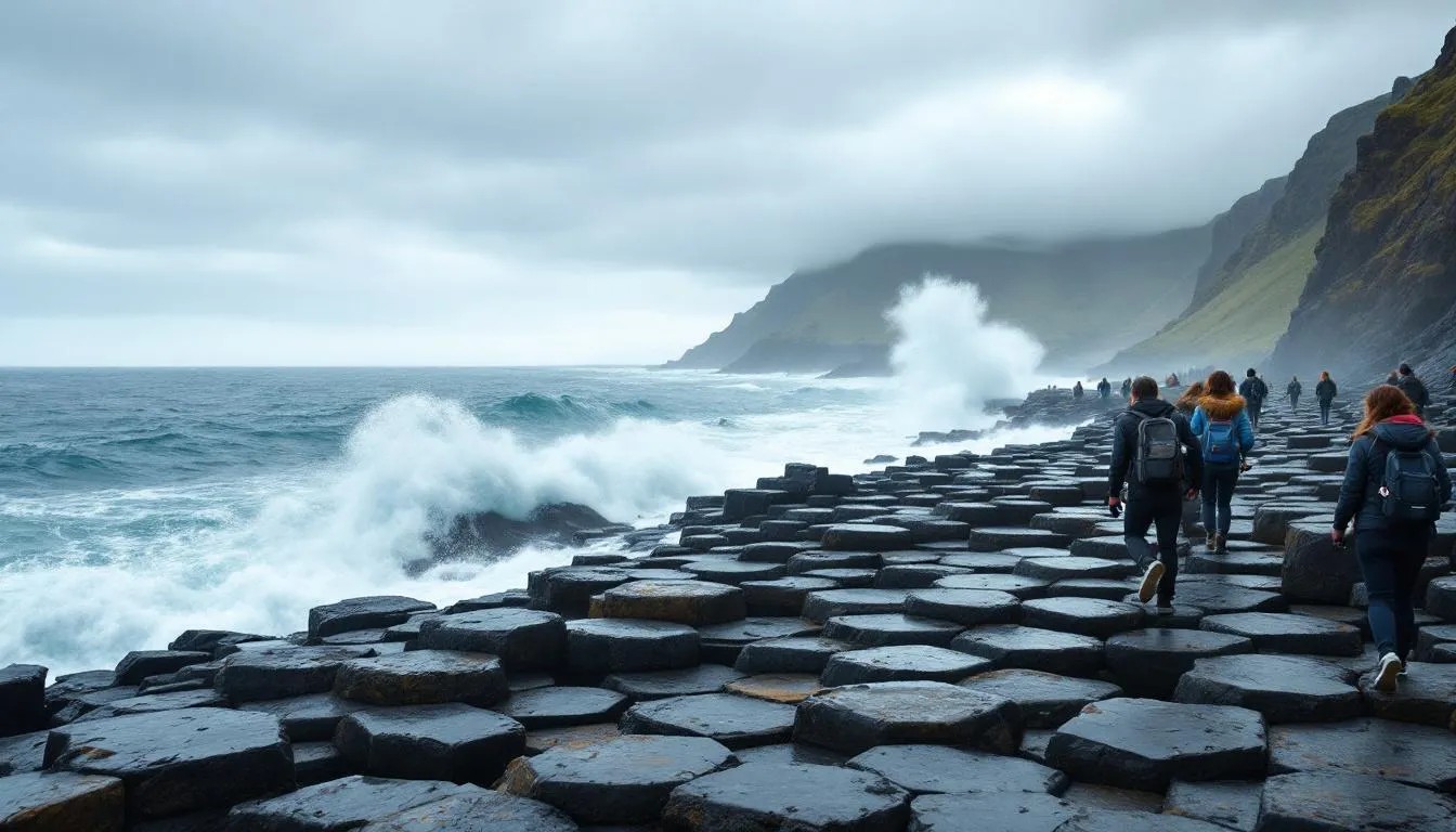 Tourists stroll along the iconic hexagonal stone columns of the Giant's Causeway, a UNESCO World Heritage Site in Northern Ireland, as ocean waves crash dramatically nearby, creating a stunning coastal view. This popular tourist attraction is part of a Giant's Causeway tour that showcases the rich history and natural beauty of County Antrim.