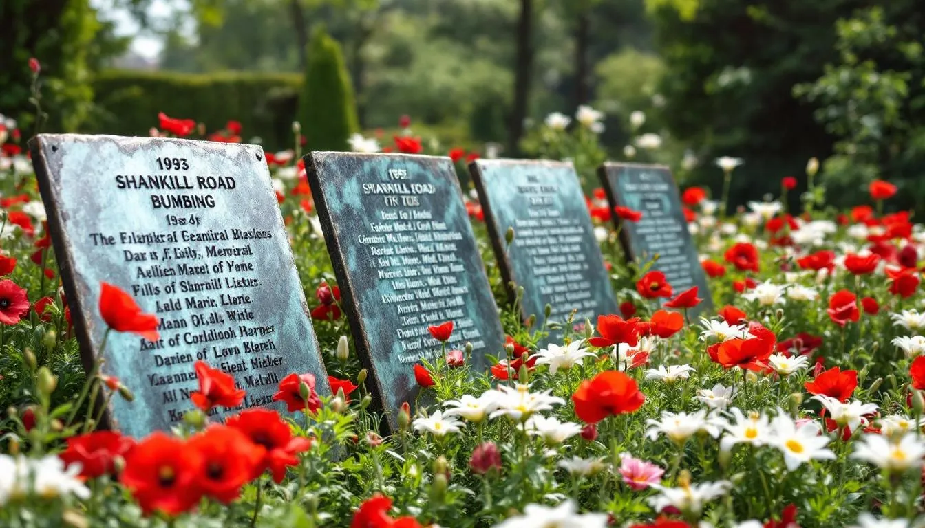 The image depicts a serene memorial garden located in the Shankill area of West Belfast, adorned with commemorative plaques and vibrant flowers, honoring the victims of the 1993 Shankill Road bombing. This poignant tribute reflects the community's remembrance and serves as a testament to the history of conflict in Northern Ireland.