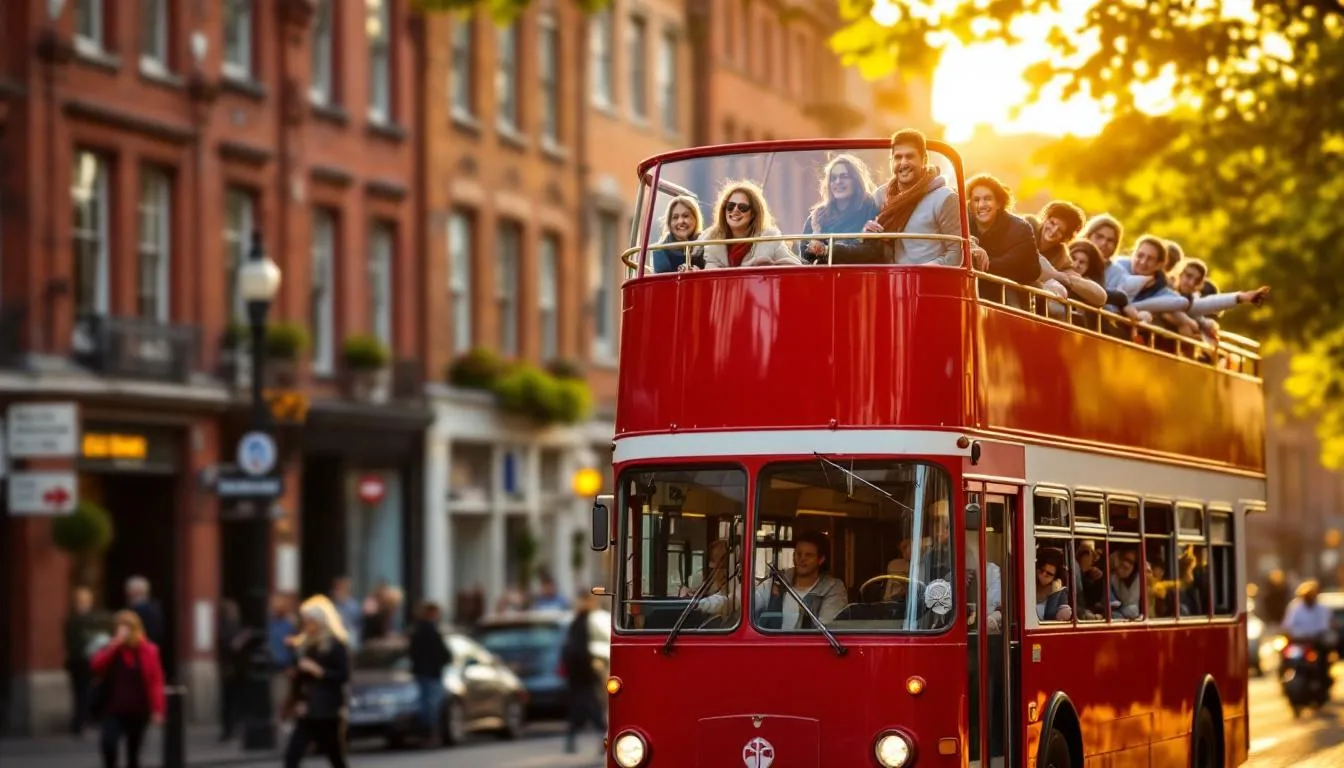 An open-top double-decker sightseeing bus is driving through the bustling streets of Belfast, filled with passengers who are enjoying panoramic views of the city's major sights, including the iconic Belfast City Hall and the vibrant murals on Shankill Road. This bus tour offers a unique way to explore Belfast's rich history and cultural landmarks at your own pace.
