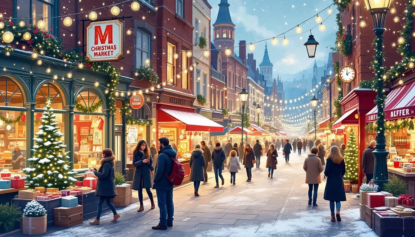 A bustling scene at the Christmas Market Belfast showcasing festive stalls and decorations.