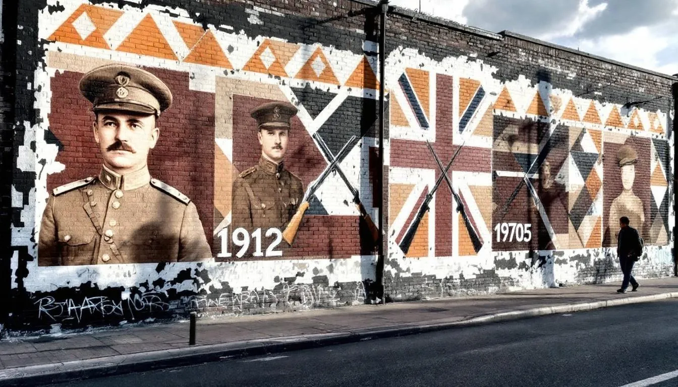 The image depicts a vibrant mural on Shankill Road in West Belfast, showcasing Ulster Volunteer Force symbols and honoring local paramilitary figures. The artwork reflects the predominantly Protestant identity of the area and serves as a significant marker of the community's history and sentiments.