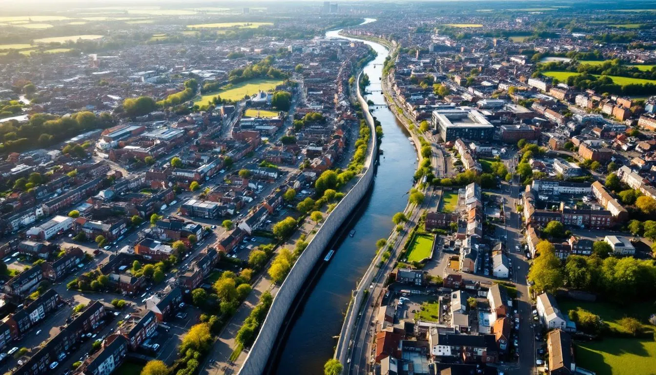 An aerial view of Belfast showcases the city's various peace walls, which serve as separation barriers between communities in neighborhoods like West Belfast and East Belfast. These structures, a result of the historical conflict in Northern Ireland, symbolize both the challenges of reconciliation and the hope for a peaceful future.