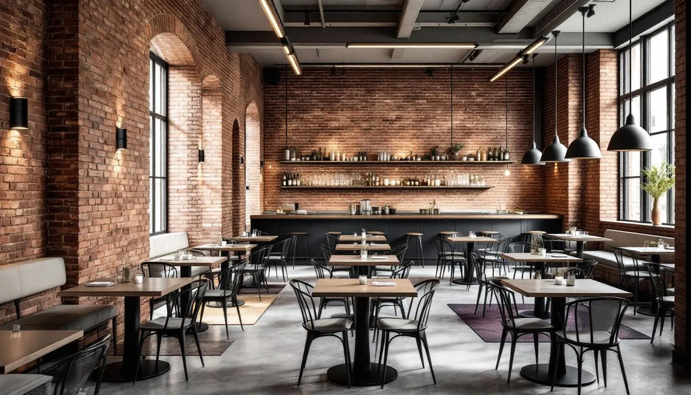 The image depicts the interior of a modern restaurant featuring exposed brick walls and contemporary lighting, creating a stylish and inviting atmosphere. Located in Belfast's Cathedral Quarter, this space reflects the vibrant culture and history of Northern Ireland, making it a perfect spot for dining and socializing.