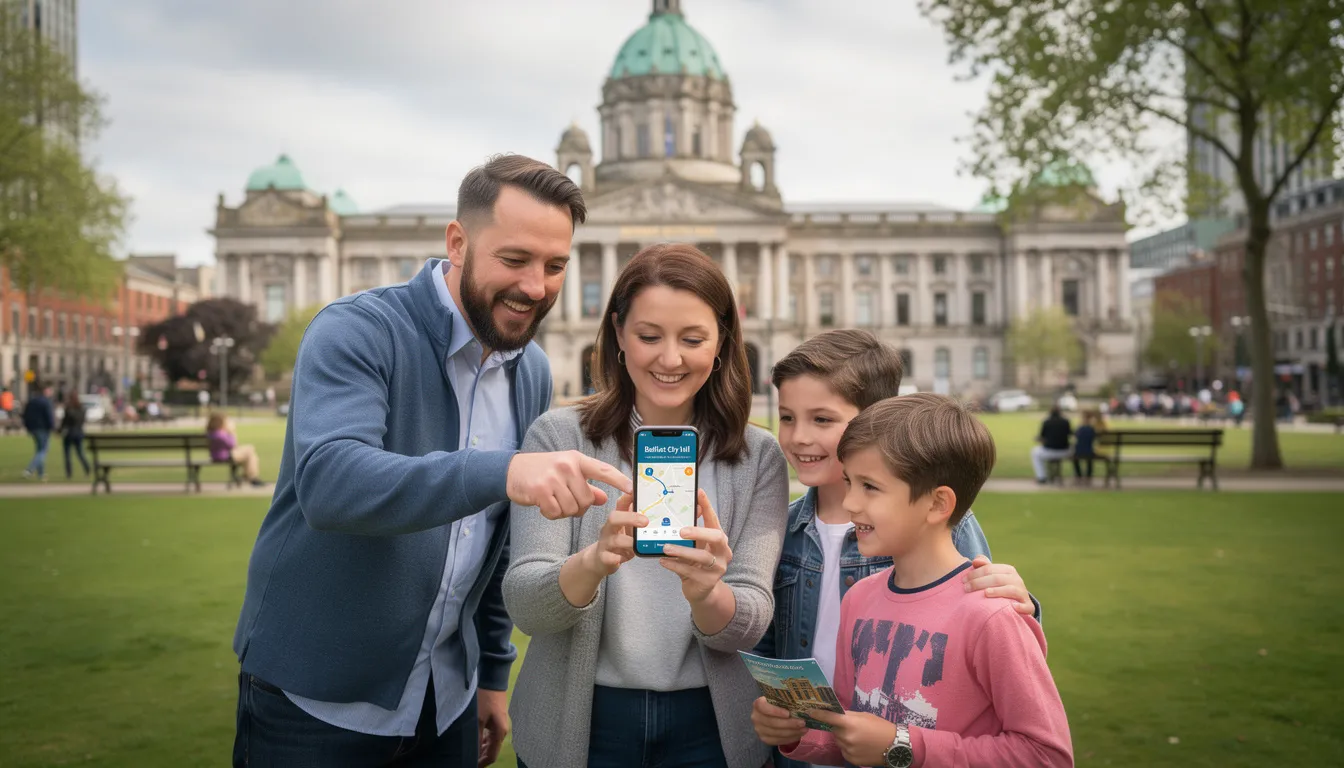 A family is gathered on the grounds of Belfast City Hall, engaging with the Belfast City Hall mobile app to explore the site's history and attractions. In the background, the grand architecture of the building and its beautiful gardens are visible, enhancing their experience as they discover the various themed zones and exhibitions available.