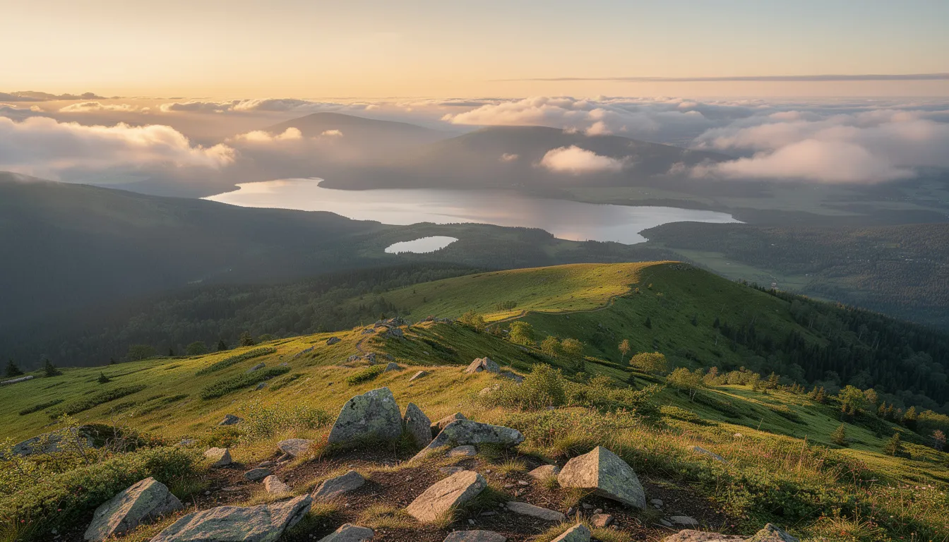 The image depicts a mountain summit in Northern Ireland, offering breathtaking panoramic views of rolling green hills and distant lakes, showcasing the region's outstanding natural beauty. This tranquil setting invites nature lovers to enjoy a peaceful walk along the scenic trails, making it an ideal destination for a walking tour in the iconic countryside.