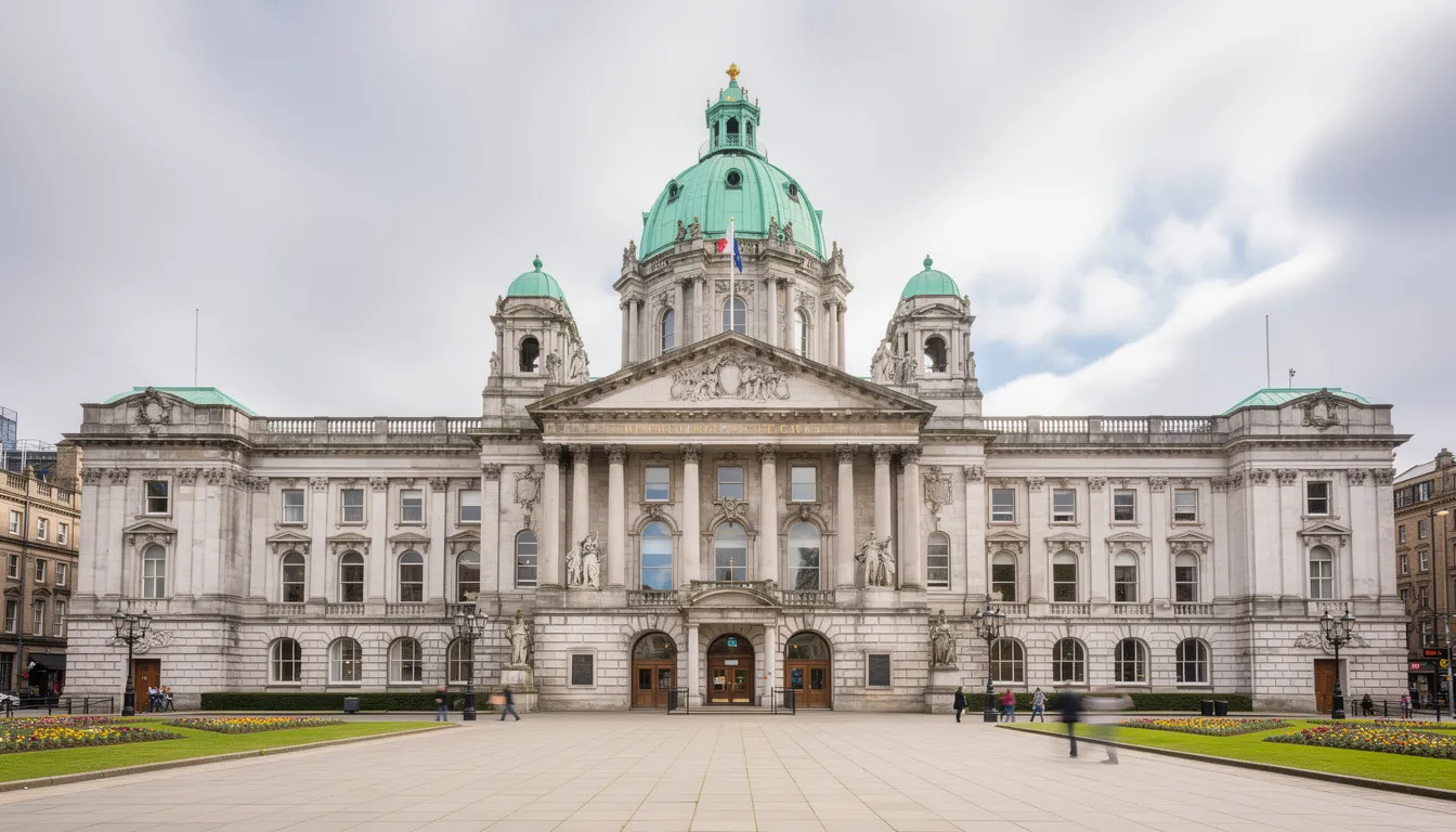 The exterior of Belfast City Hall features its iconic green dome atop a grand Portland stone facade, surrounded by beautifully landscaped grounds. This historic building, located in Donegall Square, serves as a central hub for the Belfast City Council and is a popular destination for visitors exploring the city's rich history.