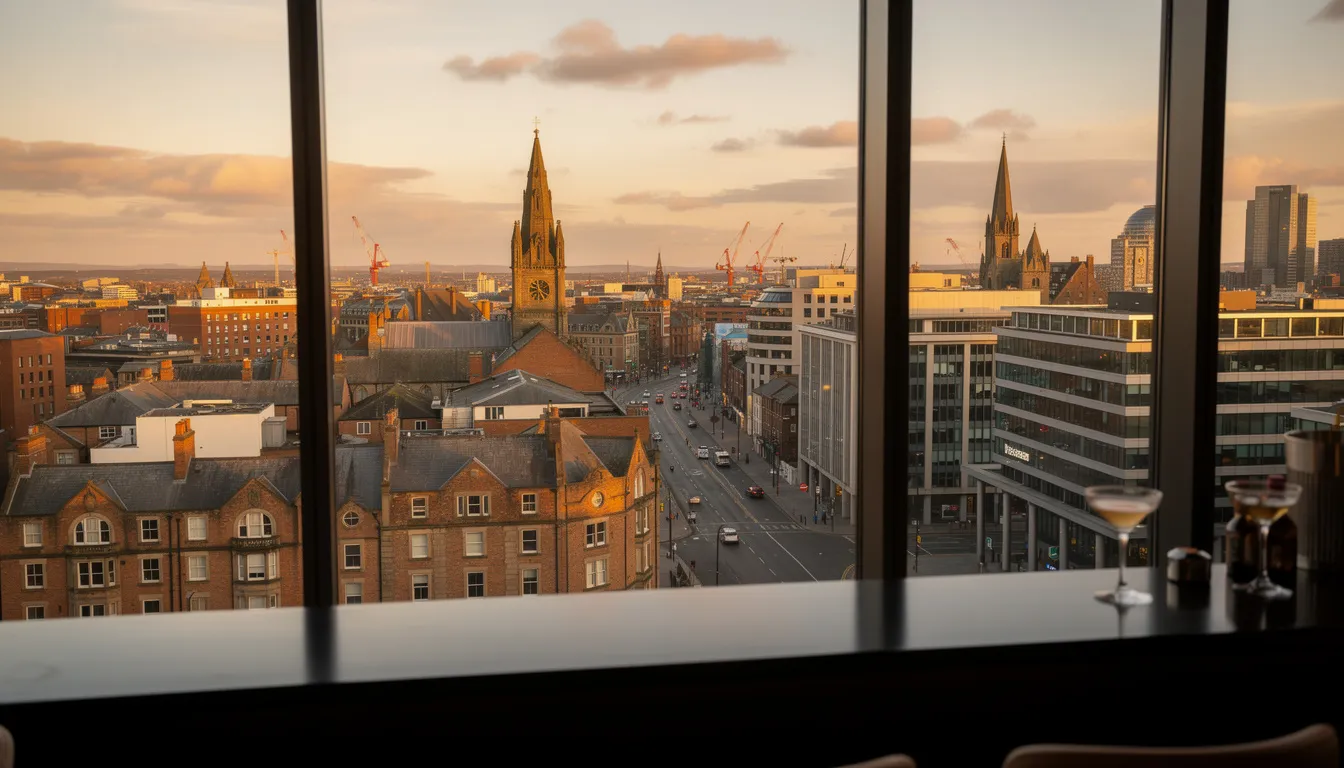 The image captures a panoramic view of Belfast city centre from the Observatory Bar, showcasing the urban skyline bathed in the warm glow of the golden hour. This stunning scene highlights the architectural beauty of Northern Ireland's capital, inviting guests to explore the luxury and style of five-star hotels in Belfast.