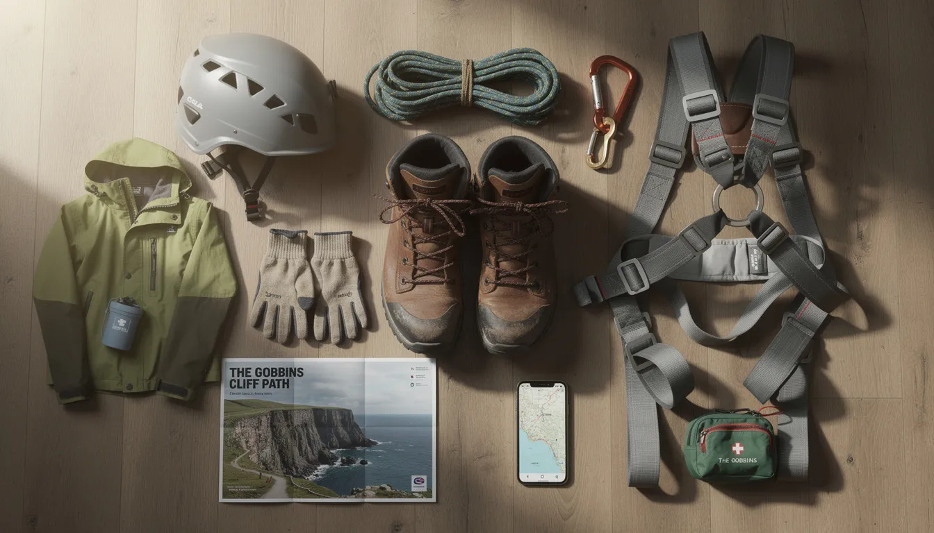 A pair of sturdy hiking boots and safety equipment are neatly arranged, ready for an adventure along the Gobbins cliff path in Northern Ireland. This unique tourist attraction offers a dramatic coastal walk with breathtaking views of the Irish Sea and the stunning County Antrim coastline.