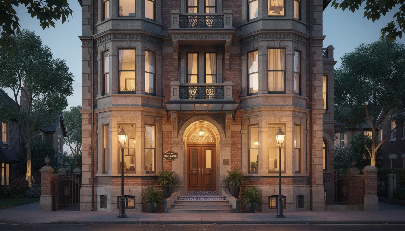 The image showcases a historic Victorian building beautifully converted into a boutique hotel, featuring ornate architecture and intricate period details. Nestled in Belfast city centre, this charming hotel offers a warm welcome to guests seeking a unique escape in Northern Ireland.
