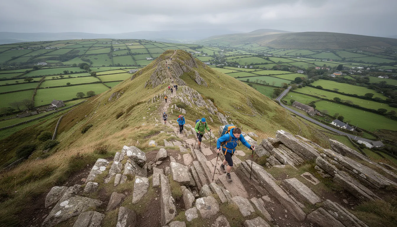 Hikers are making their way up the rocky terrain of Slemish Mountain, an extinct volcano in County Antrim, with stunning views of the surrounding countryside. The scene captures the spirit of adventure in Northern Ireland, where the legend of Saint Patrick is deeply rooted in the landscape.