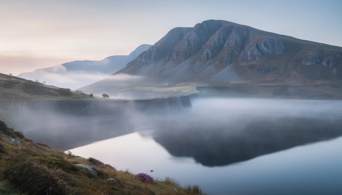 The image depicts the serene early morning mist enveloping Spelga Dam, with the majestic Mourne Mountains rising dramatically in the background. This tranquil scene captures the beauty of the man-made reservoir, a popular spot for visitors exploring the peaceful lookout and surrounding nature in Northern Ireland.