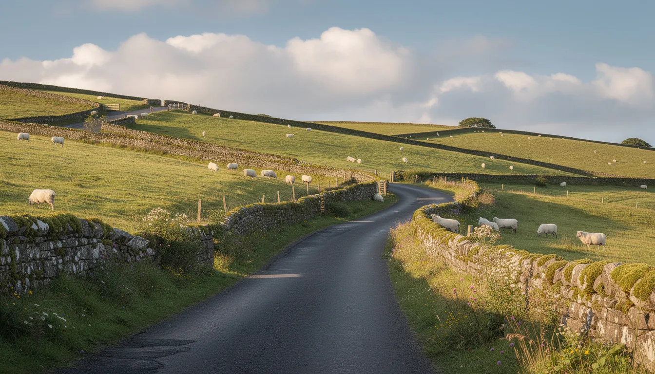 A scenic countryside road winds through the rolling green hills of Northern Ireland, bordered by traditional stone walls and dotted with grazing sheep, creating a tranquil walk amidst outstanding natural beauty. This picturesque landscape invites visitors to explore the walking trails and enjoy the peaceful meadows characteristic of the region.