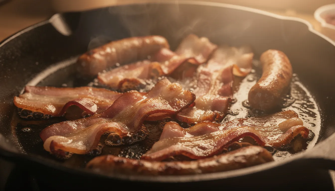 A large frying pan filled with sizzling bacon and sausages is cooking over medium heat, developing a delicious golden brown color. This scene evokes the essence of a traditional Ulster fry, often enjoyed as part of a hearty Irish breakfast, alongside other ingredients like fried eggs, black pudding, and soda bread.
