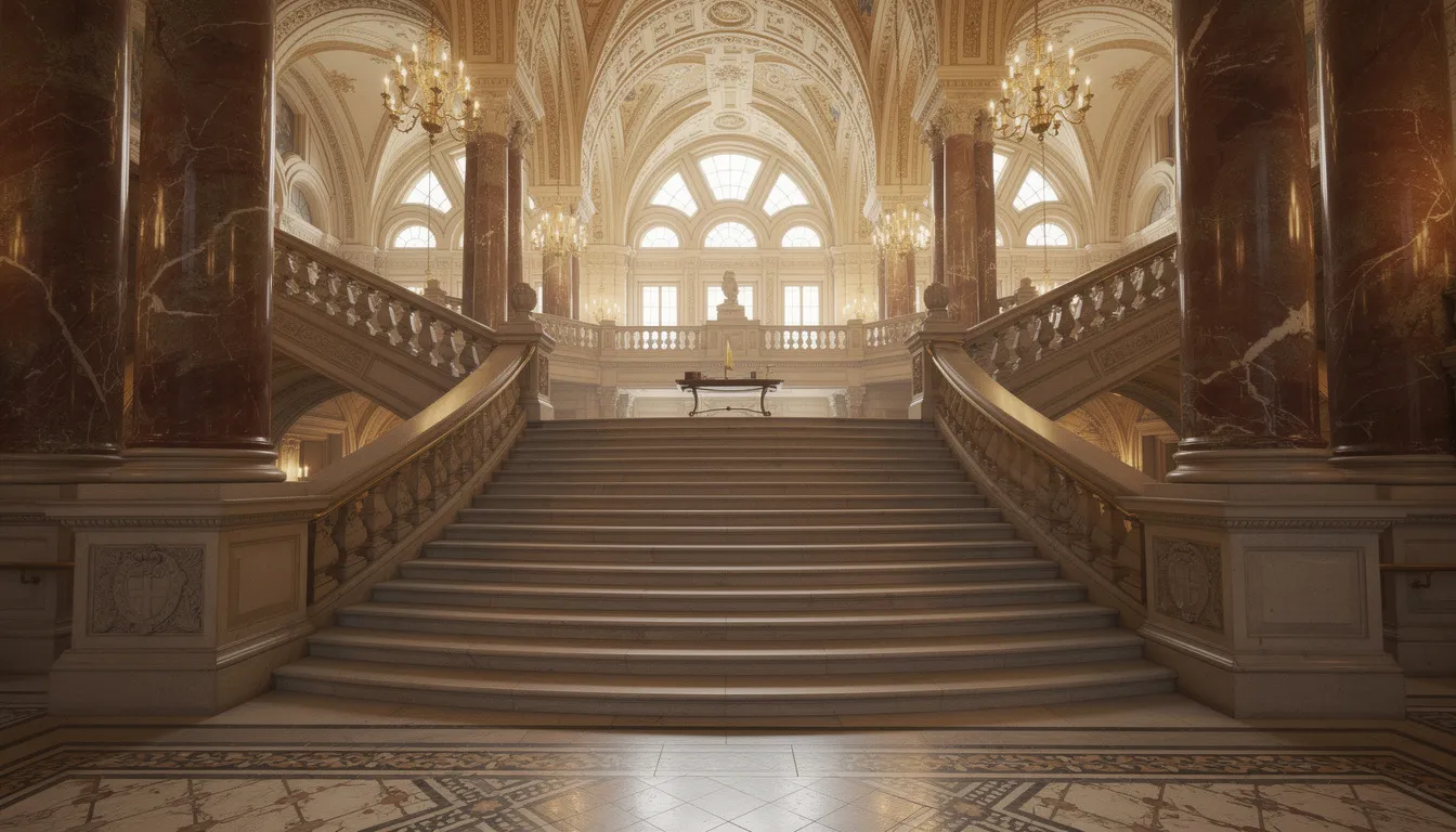The image shows the interior of Belfast City Hall's Grand Staircase, featuring ornate marble columns that enhance the grandeur of the space. The intricate details and design reflect the original architecture of the building, inviting visitors to explore its rich history.