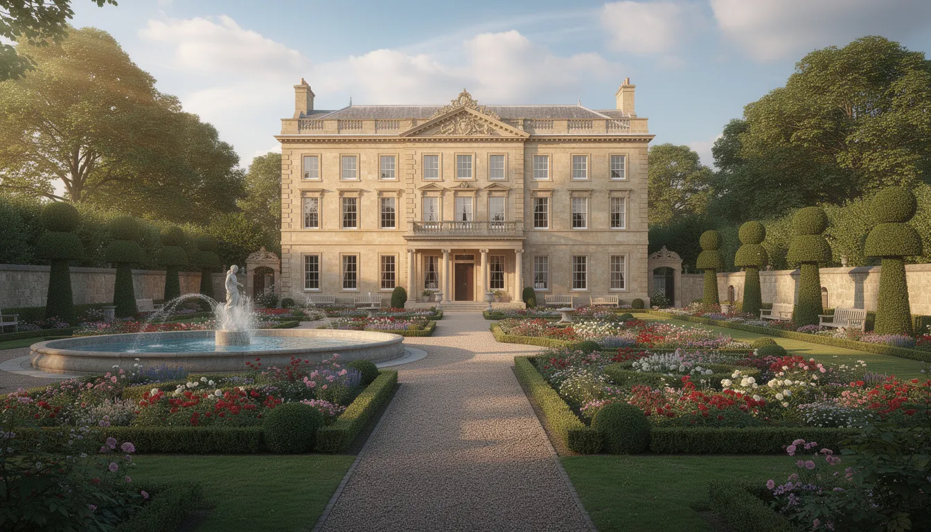 The image depicts a grand mansion house set within the historic estate grounds, surrounded by beautifully landscaped gardens that showcase the outstanding natural beauty of Northern Ireland. Visitors can enjoy tranquil walks through the formal gardens, making it a perfect destination for a relaxing retreat in County Antrim.