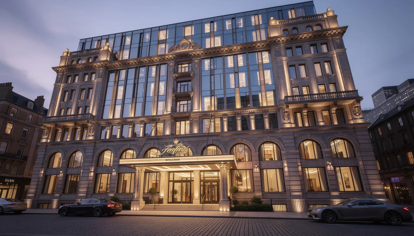 The image showcases a luxurious five-star hotel in Belfast, featuring a stunning blend of Victorian architecture and modern glass elements, illuminated beautifully at twilight. Located in the city centre, this hotel promises a warm welcome and exceptional amenities for guests seeking a memorable overnight stay.